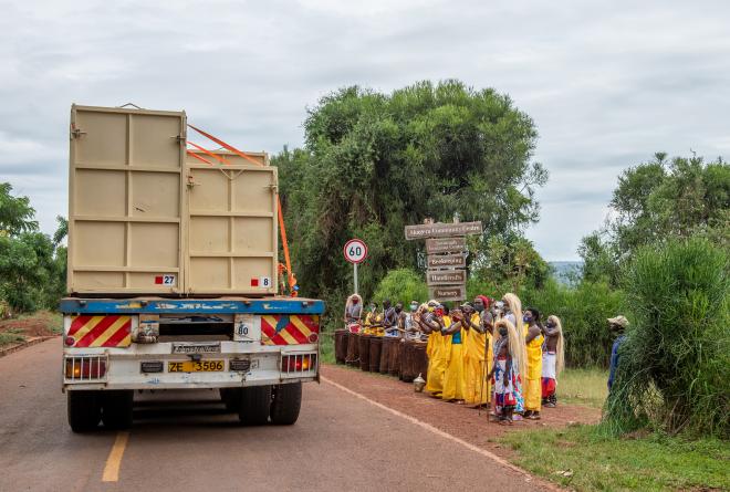 Communities celebrating the arrival of rhinos in Rwanda