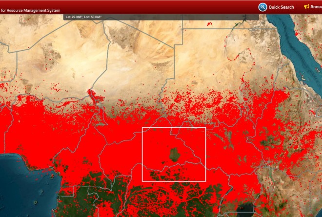 Satellite imagery from NASA's FIRMS of fires in Central Africa from January to February 2024