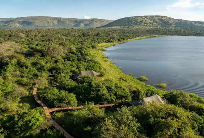 Retreat in Africa overlooking a calm lake